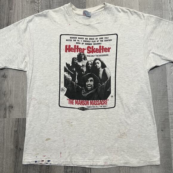 VTG Helter Skelter Charles Manson Grey 90s Horror Movie Rare Manson Massacre Tee